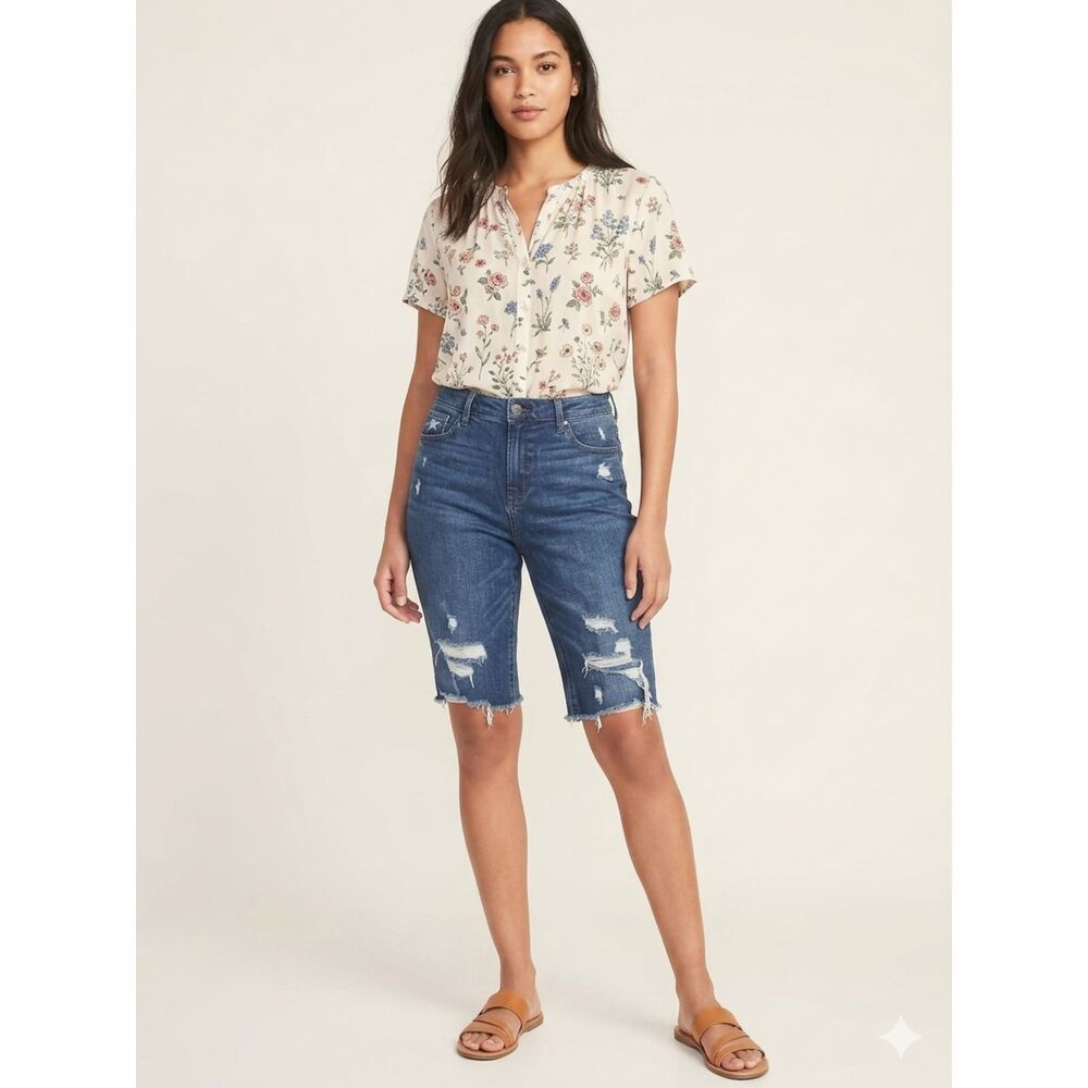 Old Navy Power Straight High Rise Distressed Denim Bermuda Shorts 9" Secret Slim